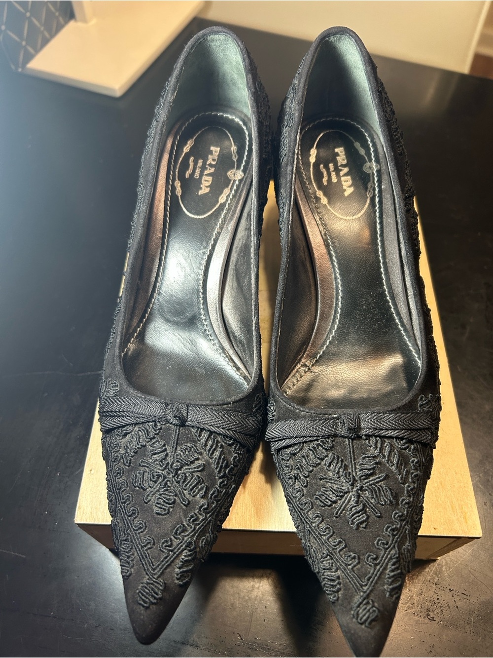 Prada Black Suede Embroidered Pointed-Toe Pumps w Kitten Heel